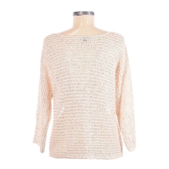 Ann Taylor Sequin Loose Knit Champagne Lurex Dolman Sweater Size M Wool Blend - Picture 2 of 9